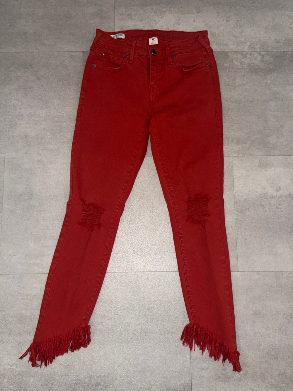 True Religion Red Skinny Jeans with Distressed Knees and Fringed Hem